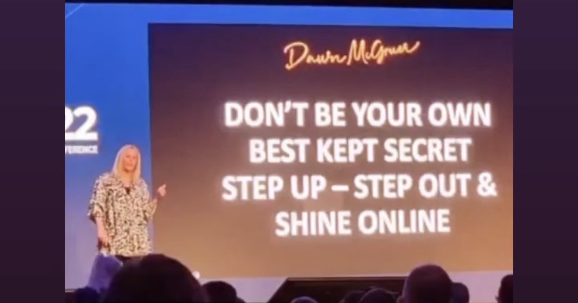 Dawn McGruer on stage presenting 'Don't be your own best kept secret'