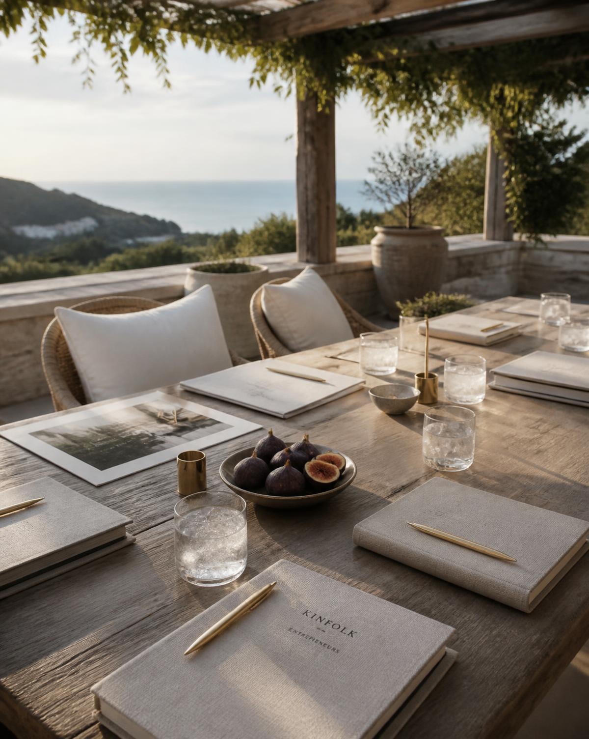 Outdoor terrace strategy table with linen notebooks and gold pens overlooking the sea