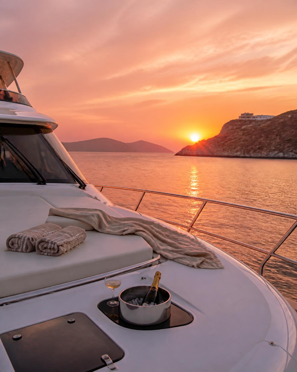 Yacht deck at sunset on calm Aegean water during the retreat boat day